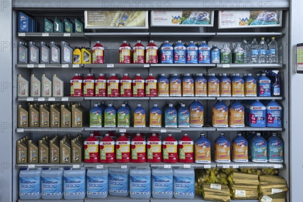 Sales rack with motor oil at a gas station, Bulgaria