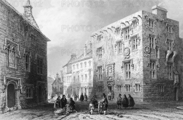 Street scene in Galway, County Galway, Ireland, marketplace with saleswomen, full basket, horse cart, trade, conversations, people, houses with ornaments, corner house, landmark, steel engraving, 19th century, historical illustration from 1845