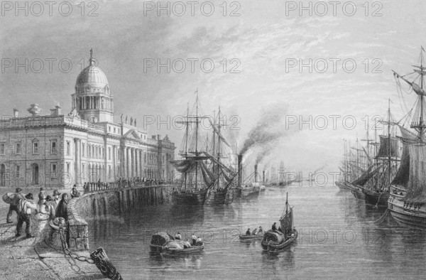 The Custom House on the River Liffey, formerly customs today government building from 1791, classicist style, Dublin, Ireland, harbor with many sailing ships, steamers, smoking chimneys, barges, quay wall, waterfront, many people, trade, transport, dome construction, front, landmark, steel engraving, 19th century, historical illustration from 1845