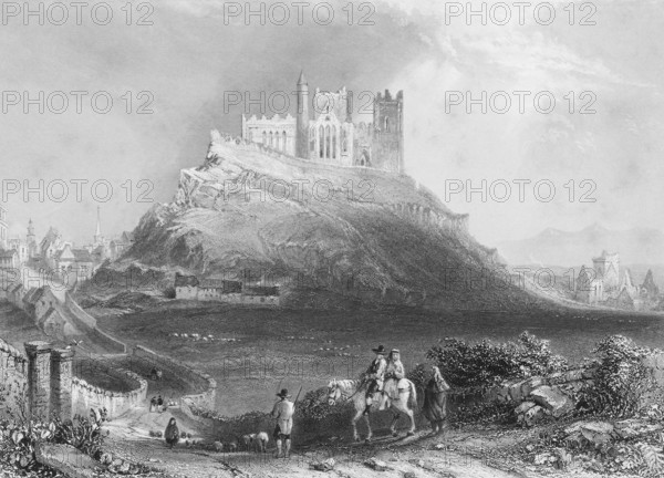 Trip to the town of Cashel with the Gothic cathedral on the Rock of Cashel, County Tipperary, Ireland, hill, rock, nave, religion, round tower, shelter, rider, leisure, fun, city in the background, wall, path, people, sheep, shepherd, road, landmark, steel engraving, 19th century, historical illustration from 1845