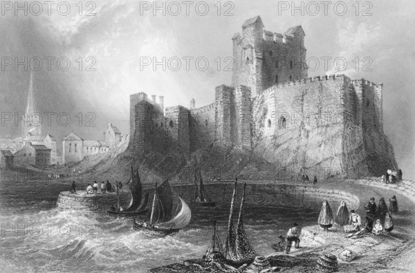 Carrickfergus Castle on the coast, Carrickfergus near Belfast, Northern Ireland, fortress, battlements, tower, pier with walkers, sailboats, waves, strong wind, town with church, fishing nets, transport, masonry, landmark, steel engraving, 19th century, historical illustration from 1845