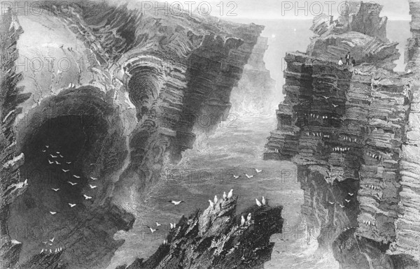 Surf niches on the Atlantic coast, Ireland, Atlantic coast, storm, wild water, high waves, rock formations, gorge, rock layers, geology, seagulls, landmark, steel engraving, 19th century, historical illustration from 1845
