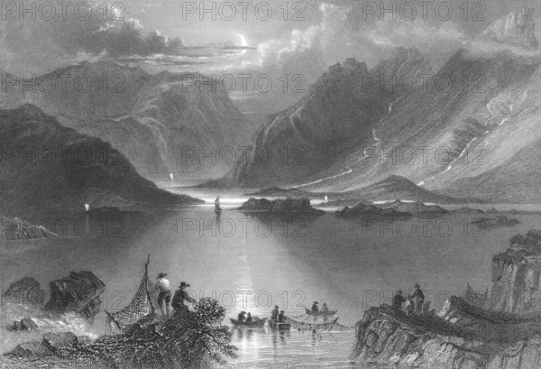 The coast of County Conamara, Atlantic bay, evening light, profession fisherman, fetching nets, rowing boats, fishing boat, shore, coastal mountains, small rocky islands, clouds, cliff coast, sunlight, paths, atmospheric, quiet atmosphere, landmark, steel engraving, 19th century, historical illustration from 1845