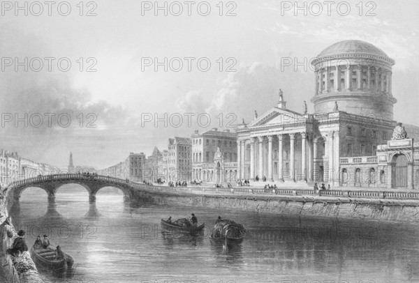 Four Courts on the River Liffey, Court House, Dublin, Ireland, Classicism, Waterfront, Justice, Domed Building, Column Front, Row of Houses, Bridge, Lots of People, Rowing Boats, Transportation, Landmark, Steel Engraving, 19th century, Historical Illustration from 1845