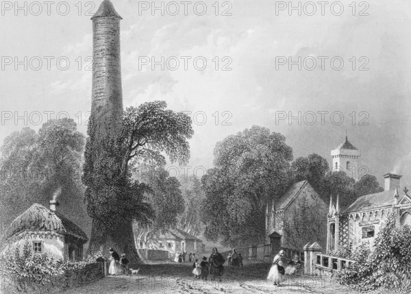 Street scene of a small town in Ireland, peaceful life, village idyll, dirt road, round tower, church tower, building, smoking chimney, natural roof, people, woman, children, dog, quiet atmosphere, trees, landmark, steel engraving, 19th century, historical illustration from 1845