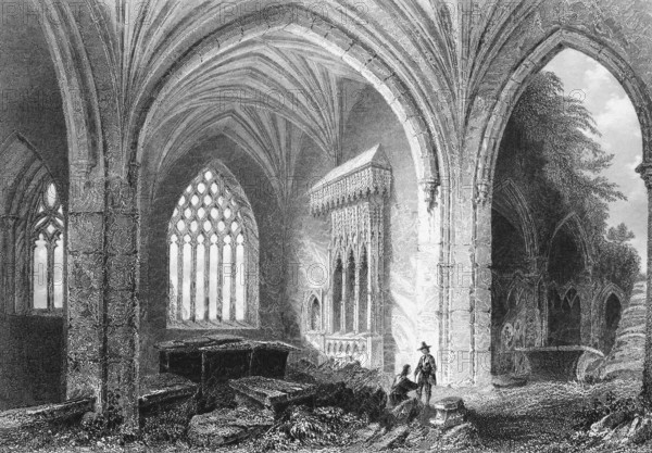 Interior of the ruins of Holycross Abbey Church, former Cistercian monastery, Holycross Village, County Tipperary, arched hall, rubble, two people, architecture, religion, landmark, steel engraving, 19th century, historical illustration from 1845