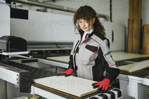 A person stands at a machine in a wood processing facility, wearing work gloves and a jacket. She is working with wooden panel ready for cutting, surrounded by machinery and equipment