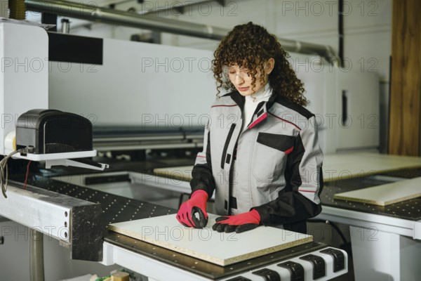 Woman sticks a label with the article on a sawn wooden sheet. She works in a furniture workshop, using tools and machinery on wood materials
