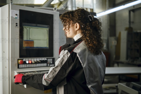 A woman is using a machine control panel in a carpentry workshop. She is focused on the screen while managing the settings. Various tools and equipment are visible in the background