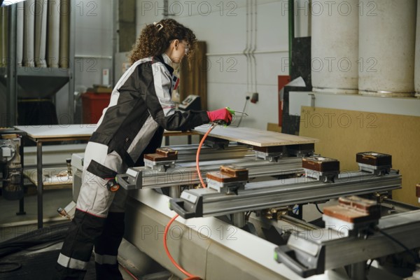 A worker blows away dust and shavings from the wooden panel using compressed air connected to a hose to cut wood pieces on a conveyor system