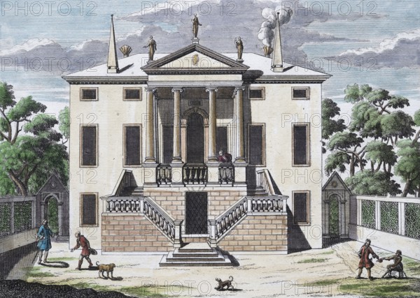 Palazzo, Este, hand-colored copper engraving or copper etching by Johann Christoph Volkamer or Volckamer, from Nurembergian Hesperides or thorough description of the noble citronate, citrons, and bitter fruits, Nuremberg 1708, 1714