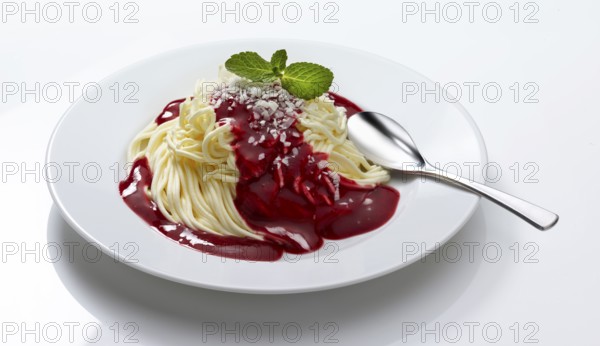 Spaghetti ice cream with hot raspberries on a white plate, decorated with a mint leaf, studio shot against a white background