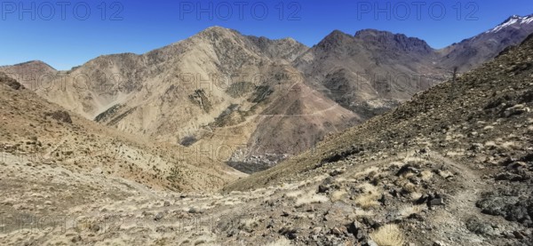 Panorama of a dry, rocky mountain landscape under clear sky, Atlas Mountains, Morocco
