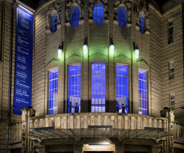 Balcony in front of theatre, Altes Schauspielhaus, façade, illuminated, Stuttgart, Baden-Württemberg, Germany