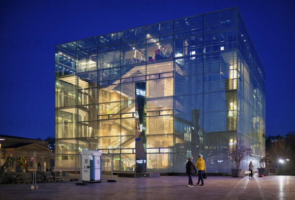 Night view, art museum, Cube, TOI TOI DIXI mobile toilet, Stuttgart, Baden-Württemberg, Germany