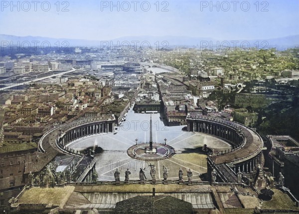 Historisches Foto (ca 1880) von Rom, Panorama von Rom von der Kuppel des Petersdoms, Italien / Historical photo of Rome, Panorama of Rome from the dome of St. Peter's Basilica, Italy, Historic, digitally restored reproduction of an original from the 19th century, exact original date unknown, subsequently coloured