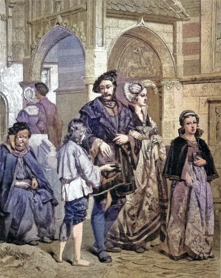 Noble people come out of the church and give alms to the poor, after the church beggars, donations/ Noble people come out of the church and give alms to the poor, after the church, beggars, donation, historical, digitally restored reproduction of an original model from the 19th century, exact original date not known, subsequently colored