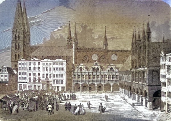 Town Hall and St. Mary's Church and Hospital of the Holy Spirit, Lübeck, Market Square, Schleswig-Holstein, Germany/Town Hall and St. Mary's Church and Hospital of the Holy Spirit, market square, Germany, historical, digitally restored reproduction of an original model from the 19th century, exact original date not known, subsequently colored