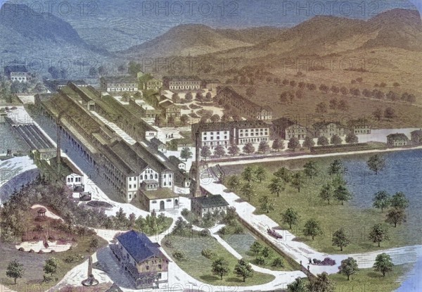 Industry, weaving company of Arnold Staub in Kuchen, Baden-Württemberg, Germany/industry, weaving plant company of Arnold Staub in Kuchen, Baden-Württemberg, Germany, historical, digitally restored reproduction of an original original from the 19th century, exact original date not known, subsequently colored