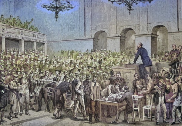 A meeting of workers in Vienna, Austria, Vienna Uprising or October Revolution/A meeting of workers in Vienna, Austria, Vienna Uprising or October Revolution, historical, digitally restored reproduction of an original model from the 19th century, exact original date not known, subsequently colored