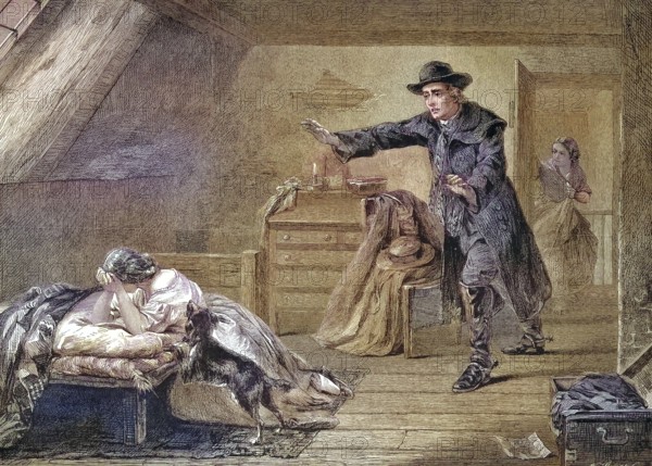 In the attic, woman sad, man and dog rush to comfort her, great sorrow, grief, fear, situation at home/In the attic, woman sad, man and dog rush to comfort her, great sorrow, grief, fear, situation at home, historical, digitally restored reproduction of an original original from the 19th century, exact original date not known, subsequently colored