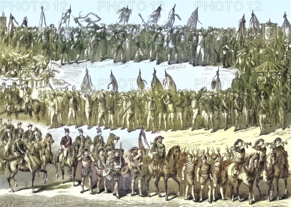 Shooting festival, a traditional festival or a mass with target shooting, here the defilee of the participants in a procession in Vienna, Austria/shooting festival, marksmen's festival, a traditional festival or fair featuring a target shooting, here the defilee of the participants in a procession at Vienna, Austria, historical, digitally restored reproduction of an original original from the 19th century, exact original date unknown, subsequently colored