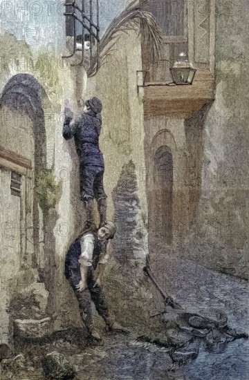 Courtship of a young man in Spain standing on the shoulder of his friends and talking to a young woman in the window, young life/Courtship of a young man in Spain, standing on the shoulder of his friends and talking to a young woman in the window, young live, historical, digitally restored reproduction of an original original from the 19th century, exact original date unknown, subsequently colored