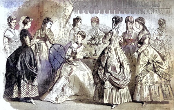 The summer fashion of the distinguished ladies in Germany around 1860, woman in gowns at home/The summer fashion of the distinguished ladies in Germany in 1860, woman in custumes at home, historical, digitally restored reproduction of an original original from the 19th century, exact original date unknown, subsequently colored