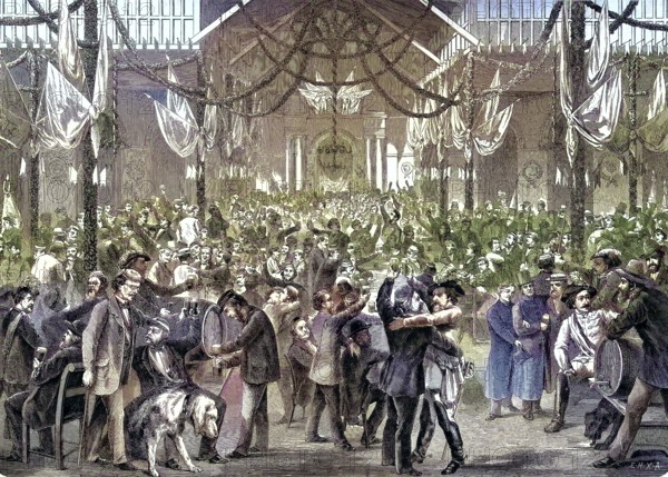 Large commercial, a traditional academic feast, in Poppelsdorf Palace, a Baroque building in the Poppelsdorf district of Bonn, Germany/Big commercium, a traditional academic feast, at the Poppelsdorf Castle, Poppelsdorf Palace, a Baroque building in the Poppelsdorf district of Bonn, Germany, historically, digitally restored reproduction of an original original from the 19th century, exact original date unknown, subsequently colored