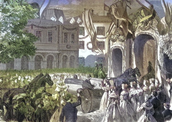 The reception of the King of Prussia in Homburg, Wilhelm I, Wilhelm Friedrich Ludwig, German: Wilhelm Friedrich Ludwig, 1797 - 1888, from the House of Hohenzollern was King of Prussia between 1861 and 1888, Bad Homburg vor der Höhe, Hesse, Germany/The reception of the King of Prussia in Homburg, William I, William Frederick Louis, German: Wilhelm Friedrich Ludwig, of the House of Hohenzollern was the King of Prussia between1861 and 1888, Hesse, Germany, historical, digitally restored reproduction of an original model from the 19th century, exact Original date unknown, colored later