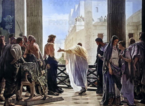 Historcal photo (ca 1880) of Rome, Ecce Homo of A. Ciseri, National Gallery, Scene of the Ecce Homo is a standard component of cycles depicting the Passion and Life of Christ, Italy. Antonio Ciseri's depiction of the Ecce Homo / Historcal photo of Rome, Ecce Homo of A. Ciseri, national gallery, scene of the Ecce Homo is a standard component of cycles illustrating the Passion and Life of Christ, Italy. Antonio Ciseri's depiction of Ecce Homo, Historical, digitally restored reproduction of an original from the 19th century, exact original date unknown, subsequently coloured