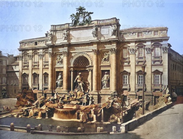 Historical photo (ca 1880) of the Trevi Fountain, Fontana di Trevi, a fountain in the Trevi district in Rome, Italy, designed by Italian architect Nicola Salvi and completed by Pietro Bracci / Historical photo of Trevi Fountain, a fountain in the Trevi district in Rome, Italy, designed by Italian architect Nicola Salvi and completed by Pietro Bracci, Historical, digitally restored reproduction of an original from the 19th century, exact original date unknown, subsequently coloured