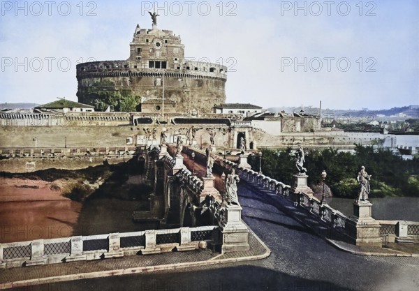 Historical photo (ca 1880) of the Mausoleum of Hadrian, usually known as Castel Sant' Angelo, Castle of the Holy Angel, a towering cylindrical building in Parco Adriano, Rome, Italy / Historical photo of The Mausoleum of Hadrian, usually known as Castel Sant' Angelo, Castle of the Holy Angel, a towering cylindrical building in Parco Adriano, Rome, Italy, Historical, digitally restored reproduction of an original from the 19th century, exact original date not known, subsequently coloured