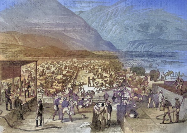 Abyssinian expedition from 1868, British troops at the waterhole in Zulla, Zula, Ethiopia, Abyssinia/Abyssinian expedition of 1868, British troops at the Waterhole in Zulla, Ethiopia, Abyssinia, historical, digitally restored reproduction of an original model from the 19th century, exact original date not known, subsequently colored