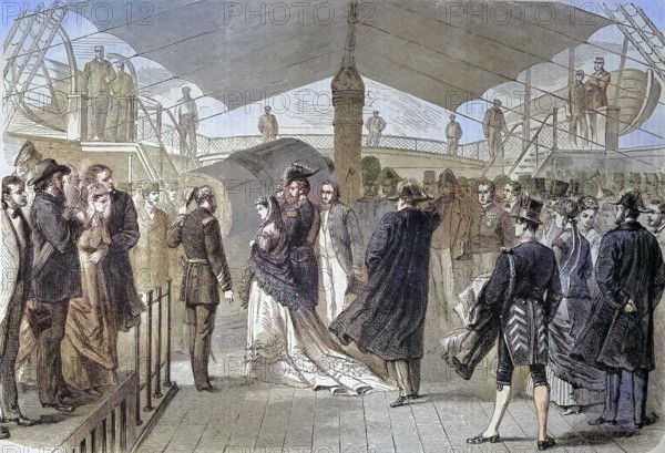 Military parade of the American Wing Army with Admiral Farragut, in front of the King of Belgium, here on the river Rede near the city of Ostend, David Glasgow Farragut, flag officer of the United States Navy/military parade of the American wing army with Admiral Farragut, infront of the King of Belgium, here on river speech near the city of Ostend, flag officer of the United States Navy States, historically, digitally restored reproduction of an original Original from the 19th century, exact original date unknown, colored later