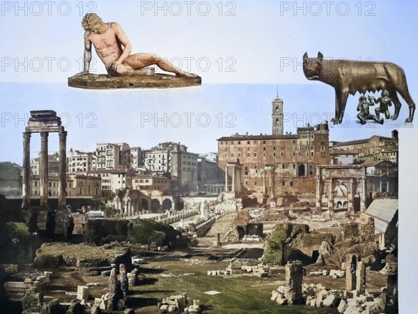 Historisches Foto (ca 1880) der Ruinen des Forums, Blick auf das Kapitol, Forum Romanum, Rom, Italien / Historical photo of Ruins of the Forum, Looking towards the Capitol, Roman Forum, Rome, Italy, Historical, digitally restored reproduction of an original from the 19th century, exact original date unknown, subsequently coloured
