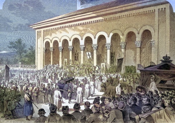 The funeral of King Ludwig in Munich, Bavaria, Germany, Ludwig I, 1786 - 1868, was King of Bavaria/The Burial of King Ludwig in Munich, Bavaria, Louis I, was King of Bavaria, historical, digitally restored reproduction of an original model from the 19th century, exact original date unknown, subsequently colored