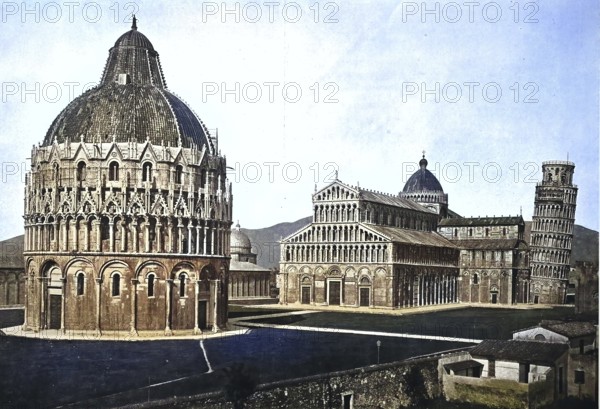 Historisches Foto (ca 1880) von Pisa, Blick auf die Piazza dei Miracoli, leaning Tower of Pisa und Baptisterium, Toskana, Italien / Historical photo of Pisa, View of the Piazza dei Miracoli, leaning Tower of Pisa and Baptistry, Tuscany, Italy, Historical, digitally restored reproduction of an original from the 19th century, exact original date unknown, subsequently coloured