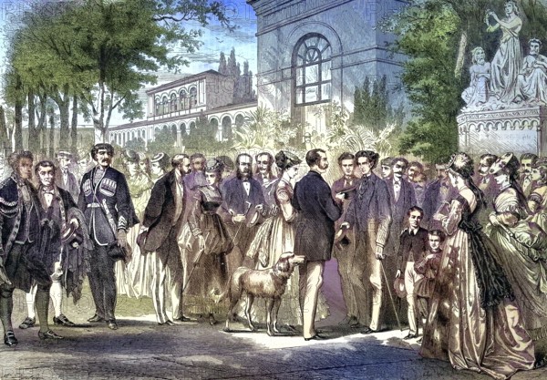 Spa garden with many people, Bad Kissingen, a spa town in the Bavarian region of Lower Franconia, located south of the Rhön on the Franconian Saale River, is one of the health resorts that were famous as a world spa in the 19th century/Spa Park with a lot of people, a spa town in the Bavaria region of Lower Franconia, south of the Rhön Mountains on the Franconian Saale river, it is one of the health resorts, which became famous as a Weltbad in the 19th century, spa guests, historic, digitally restored reproduction of an original model from the 19th century, accurate Original date not known, colored later