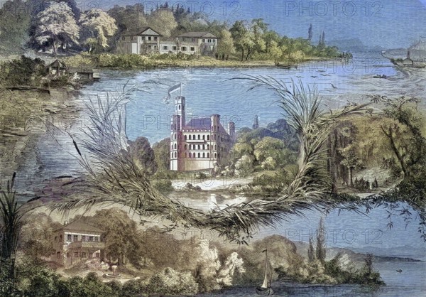 Landscapes on Lake Starnberg, Lake Starnberg, Bavaria, Germany, the Palais Berg, the Schimon House and the Villa Hackländer/Scenics at the Starnberger See, Lake Starnberg, Bavaria, the Palais of Berg, the Schimon House and the Villa Hackländer, historical, digitally restored reproduction of an original original from the 19th century, exact original date unknown, subsequently colored