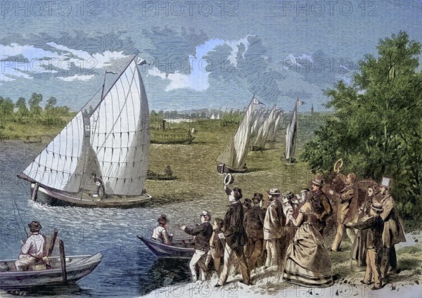 Regatta, boat race, sailboats on the Wannsee in Berlin, Germany/regatta, boat race, sailing boats on the Wannsee in Berlin, Germany, historical, digitally restored reproduction of an original original from the 19th century, exact original date not known, subsequently colored