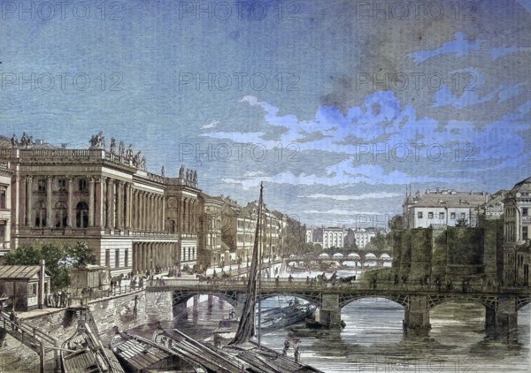 Berlin, Germany, the new stock exchange, the Friedrichsbrücke and the Kurfürstenbrücke over the Spree/Berlin, the new stock exchange, the bridge Friedrichsbrücke and the bridge Kurfürstenbrücke crossing river Spree, historical, digitally restored reproduction of an original model from the 19th century, exact original date not known, subsequently colored