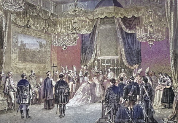 Baptism of the newborn Archduchess of Austria in the village of Ofen, Austria, Marie Therese of Austria/Baptism of the newborn Archduchess of Austria in the village of Ofen, Austria, Marie Therese of Austria, historical, digitally restored reproduction of an original model from the 19th century, exact original date unknown, subsequently colored