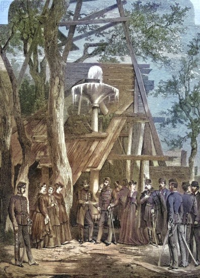 The new spa on Margaret Island in the middle of the Danube in central Budapest, Hungary, water tower, here the opening with Emperor Franz Joseph I of Austria/the new Spa on the Margaret Island in the middle of the Danube in central Budapest, Hungary, water tower, here the opening with Emperor Franz Joseph I of Austria, historical, digitally restored reproduction of an original original from the 19th century, exact original date unknown, subsequently colored