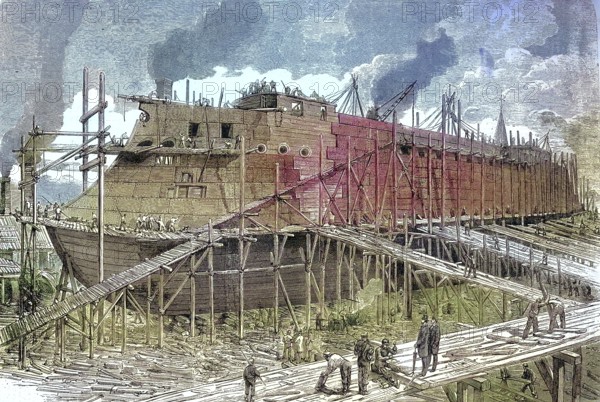 SMS König Wilhelm was an armored frigate of the Prussian and later the German Imperial Navy. The ship was laid up in 1865 at the London Thames Ironworks shipyard/SMS König Wilhelm, King William, was an armored frigate of the Prussian and later the German Imperial Navy. The ship was laid down in 1865 at the Thames Ironworks shipyard in London, historic, digitally restored reproduction of an original model from the 19th century, exact original date not known, subsequently colored