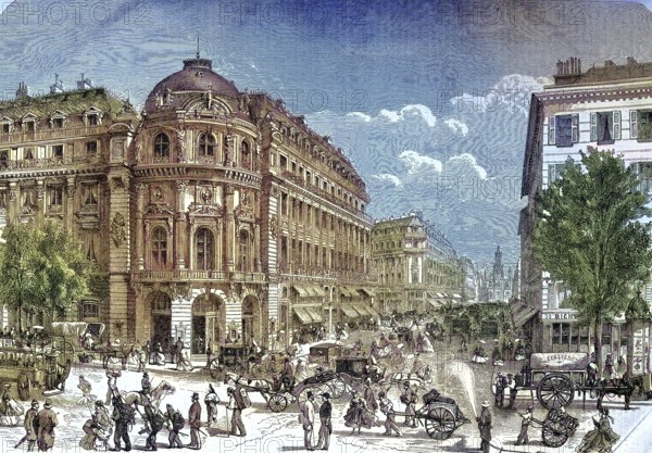 Traffic and people in the street Boulevard des Capucines, Chaussee d' Antin and the New Theatre in Paris, France, Theatre du Vaudeville 1869, later Paramount Opera films and Gaumont Opera/Traffic and people in the Street Boulevard des Capucines, Chaussee d' Antin and the new theatre at Paris, France, later Paramount Opera movies and Gaumont Opera, historical, digitally restored reproduction of an original original from the 19th century, accurate original date unknown, colored later