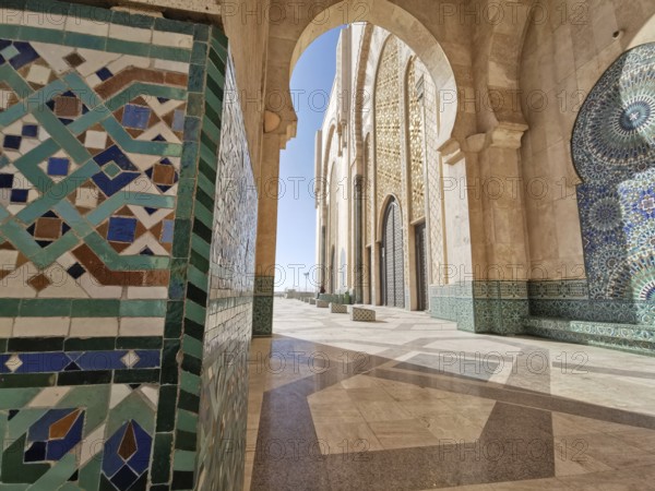 Decorative mosaics and arches of the mosque in ornate patterns, Casablanca, Morocco