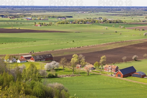 Rural farmland landscape with green fields, red farm houses, barns, dirt roads, and scattered trees viewed from above in springtime, Sweden