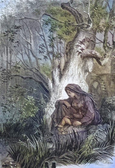 An illustration of the healed world of the 19th century, a woman with her child sitting under a tree by the pond/An illustration of the good world of the 19th century, a woman with her child sitting under a tree at the pond, historical, digitally restored reproduction of an original model from the 19th century, exact original date not known, subsequently colored