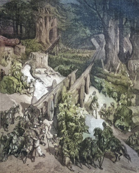 Tree felling at the cedars in Lebanon, Cedrus libani, commonly known as Lebanon Cedar/Tree felling at the Cedars in Lebanon, commonly known as the Cedar of Leban, historical, digitally restored reproduction of an original model from the 19th century, exact original date unknown, subsequently colored